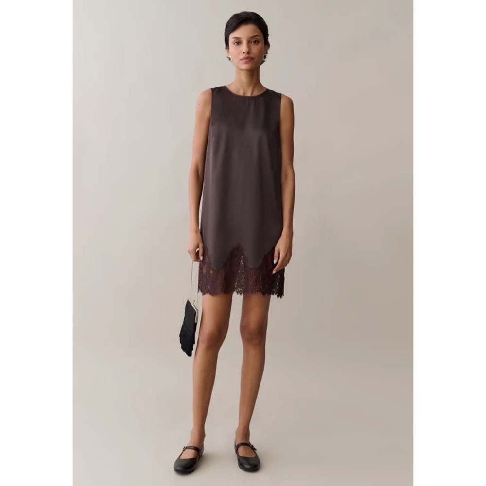 Kourt Yasmin Satin Lace‎ Hem Sleeveless Shift Dress Dark Coffee Size XL